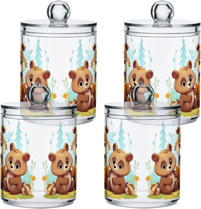 MNSRUU 2 Pack Qtip Holder Organizer Dispenser Animal Bears Pink Bathroom Storage Canister Cotton Ball Holder Bathroom Containers for Cotton Swabs/Pads/Floss
