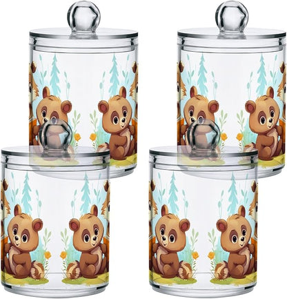 MNSRUU 2 Pack Qtip Holder Organizer Dispenser Animal Bears Pink Bathroom Storage Canister Cotton Ball Holder Bathroom Containers for Cotton Swabs/Pads/Floss