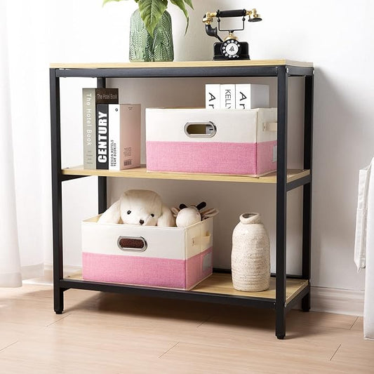 PRANDOM Large Collapsible Storage Baskets for Closet [3-pack] Decorative Fabric Storage Bins Cubes with Leather/Metal Handles for Shelves Bedroom Living Room Pink&Cream (14.9x9.8x8.3 Inch)