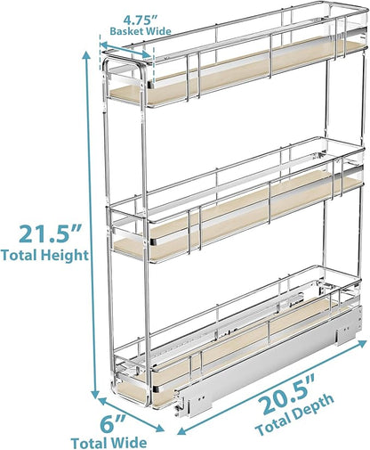 Pull Out Spice Rack Cabinet Organizer 6" W x 20½" D, 3 Tier Heavy Duty Slide Out Wood Shelf for Narrow Cabinet, Pull Out Storage for Kitchen