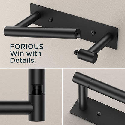 FORIOUS Black Toilet Paper Holder, Adhesive or Wall Mounted Options, Stainless Steel Rustproof Stick on no Drilling Double Post Pivoting Toilet Tissue Roll Holder for Bathroom,2 Pack Matte Black