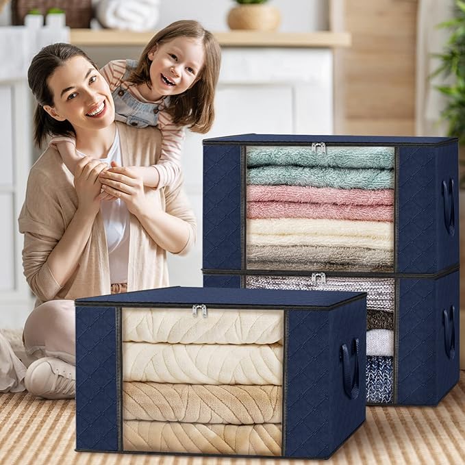 Fab totes Storage Bags,Clothes Blanket Storage Bins Foldable Closet Organizers with Reinforced Handle for Home Dorm Storage and Organization,Fabric Bags for Organizing Sheets,Clothing (Blue,6 Pack)