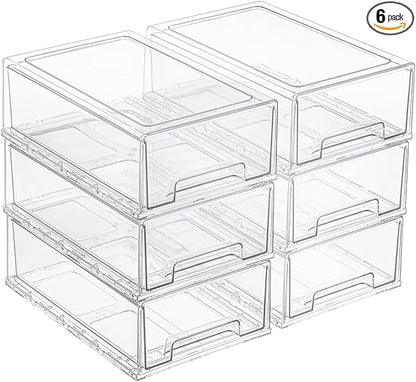 6 Pack Stackable Pull-Out Storage Drawers,Plastic Clear Organizer Bins with Handles,Easily Clean for Craft,and Toy Organization,Kitchen,Undersink,Cabinet,Fridge,Closet,Pantry,Office,Bathroom