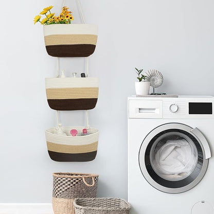 TeoKJ Over the Door Hanging Baskets, 3-Tier Woven Cotton Storage Organizer Bag Decorative Nursery Kitchen Baskets，Gradient Brown
