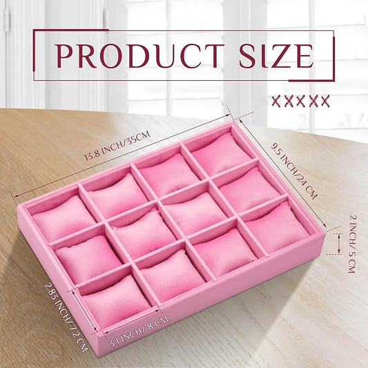 Henoyso 2 Pieces 12 Grid Velvet Watch Tray Jewelry Organizer Stackable Watch Bracelet Bangle Display Holder Adjustable Pillow(Pink)