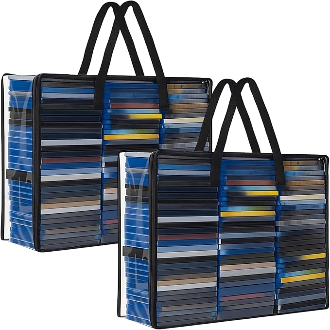Buryeah 2 Packs Extra Large DVD Storage Bags, Storage Case Holder Organizer Holds up to 360 DVDs Clear Plastic Bags Video with Carrying Handles and Zipper, Media Organizer for Movie VHS(Clear)