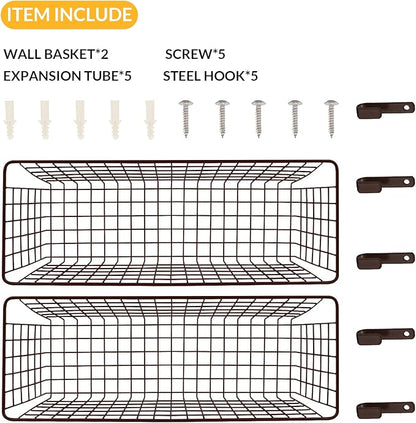 2 Sets Extra Large Hanging Wall Basket, Brown Metal Wire Baskets with Steel Hooks for Organizing, WallmountedFruit Vegetable Toy Snack Storage, Home Kitchen Bathroom Laundry Pantry Organizer