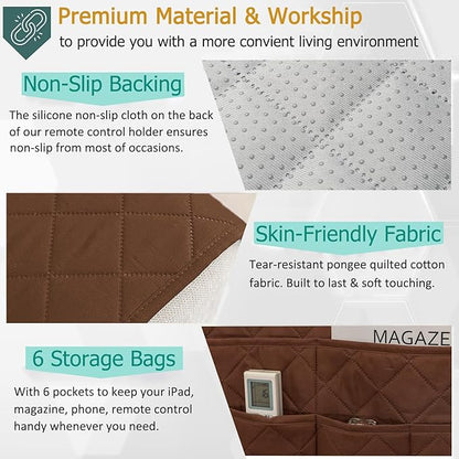 Remote Control Holder for Recliner Non-Slip Armchair Caddy Couch Armrest Organizer, Arm Chair Bedside Caddy Storage Organizer for Recliner Couch With 6 Pockets for Magazine, Phone, iPad (Brown)