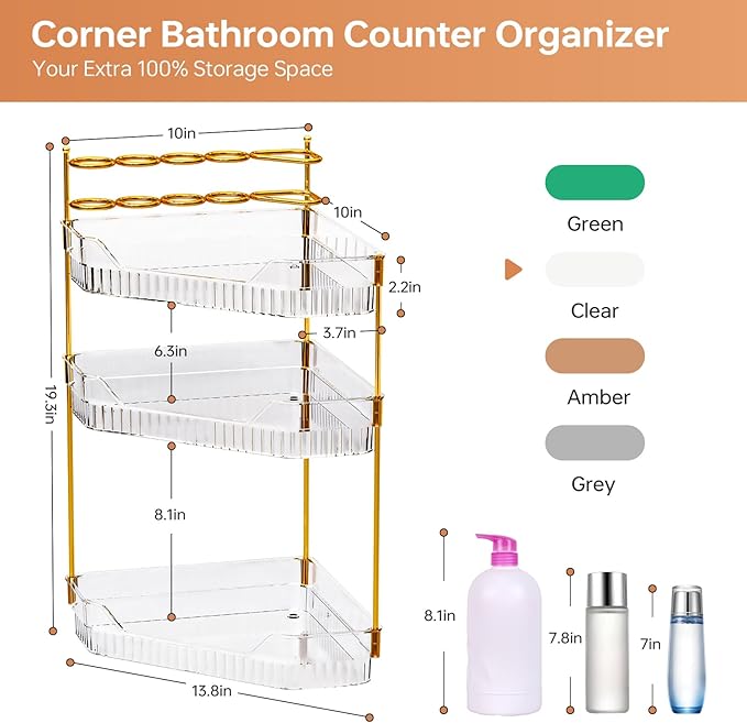ZZWILLB Corner Bathroom Counter Organizer with Makeup Brush Holder & Toothbrush Holders, Makeup Organizer for Vanity Countertop, Acrylic Skincare Storage Shelf (Clear, 3-Tier)