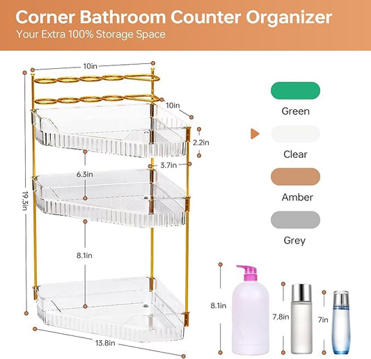 ZZWILLB Corner Bathroom Counter Organizer with Makeup Brush Holder & Toothbrush Holders, Makeup Organizer for Vanity Countertop, Acrylic Skincare Storage Shelf (Clear, 3-Tier)
