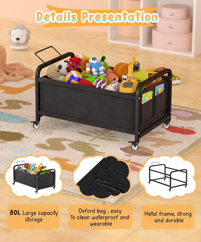 80L Large Kids Toy Box with Wheels, Toy Chest Storage Organizer for Toddlers, Boys, Girls, Toy Storage Bin for Stuffed Animals, PlayRoom, Bedroom, Nursery, Living Room, Black