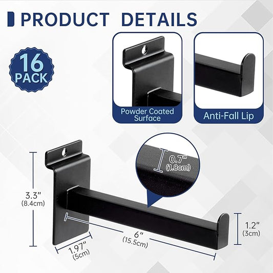 16 Pack Heavy Duty Tube Slatwall Shelf Brackets, Metal Tubular Slat Wall Brackets with Lip, Slatwall Accessories for Garage, Retail, and Home Storage (6 Inch)