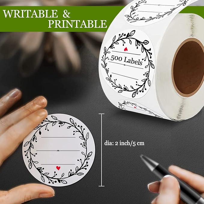500 Pcs Jar Label Stickers Wreath Design Self-Adhesive Jar Labels for Storage Bin Food Container Canning Spice Oil Bottle Cosmetic Organizing Gift Tags Mason Jars Craft Stickers 2 Inch White