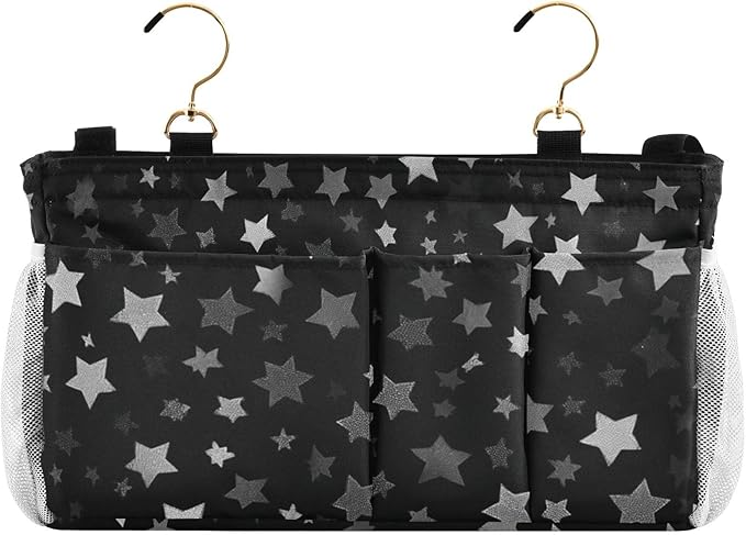 CuwrYet Bedside Caddy Hanging Bunk Bed Caddy Bed Organizer Hanging Pocket with 2 Hooks Bedside Storage Organizer Pocket Bag Holder Silver Stars Black