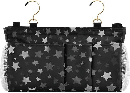 CuwrYet Bedside Caddy Hanging Bunk Bed Caddy Bed Organizer Hanging Pocket with 2 Hooks Bedside Storage Organizer Pocket Bag Holder Silver Stars Black