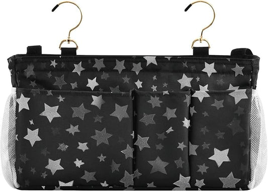 CuwrYet Bedside Caddy Hanging Bunk Bed Caddy Bed Organizer Hanging Pocket with 2 Hooks Bedside Storage Organizer Pocket Bag Holder Silver Stars Black