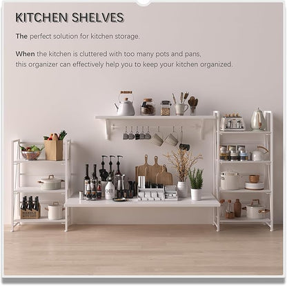 4NM No Assembly Folding Bookshelf Storage Shelves 3 Tiers Vintage Bookcase Standing Racks Study Organizer Home Office (All White)