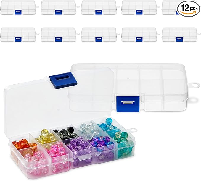 Juvale 12-Pack Mini Tackle Box Organizer - Clear Plastic, 5 x 2.6 x 0.8 In - Customizable Dividers for Screw & Bead Storage - Craft & Earring Storage Containers