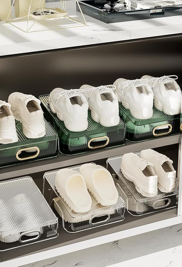 Double Layer Shoe Slots Organizer 9.84” X 9.05” X 5”In Stacker Space-Saving Storage Holder - Transparent Plastic Shoe Rack For Closet Shelf (Black, 12pack)