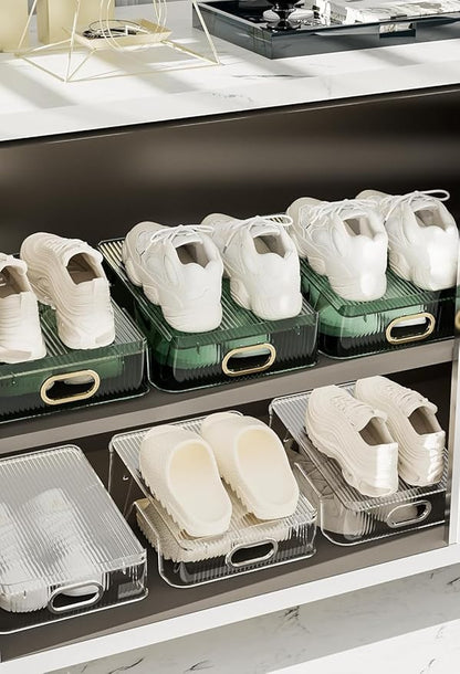 Double Layer Shoe Slots Organizer 9.84” X 9.05” X 5”In Stacker Space-Saving Storage Holder - Transparent Plastic Shoe Rack For Closet Shelf (Black, 12pack)