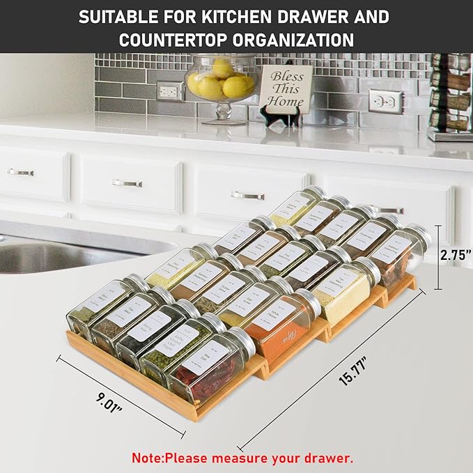 KitHero Spice Drawer Organizer with 18 Spice Jars,216 Labels,50 Non-slip Rubber, Bamboo 4 Tier Seasoning Rack Tray Insert for Kitchen Drawers,Cabinets,Countertop,9" Wide x 15.8" Deep