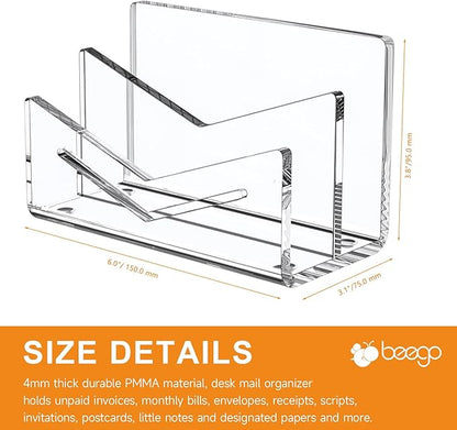 Beego Envelope and Mail Organizer Countertop - 2 Compartments Clear Acrylic Desk Organizer Letter Holder Desktop File Sorter Bill Document Folder Rack for Office, Home, School Desk Organization