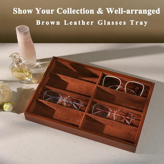 XHMQYC Glasses Holder Box Drawer Sunglass Organizer for Men Clear Wide Storage Case 8 Slots Multiple Reading Glasses Display, Brown Leather