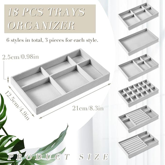 Junkin 18 Pcs Velvet Jewelry Tray Stackable Jewelry Drawer Organizer Jewellery Box Divided Display Tray for Earring Bangle(Gray)