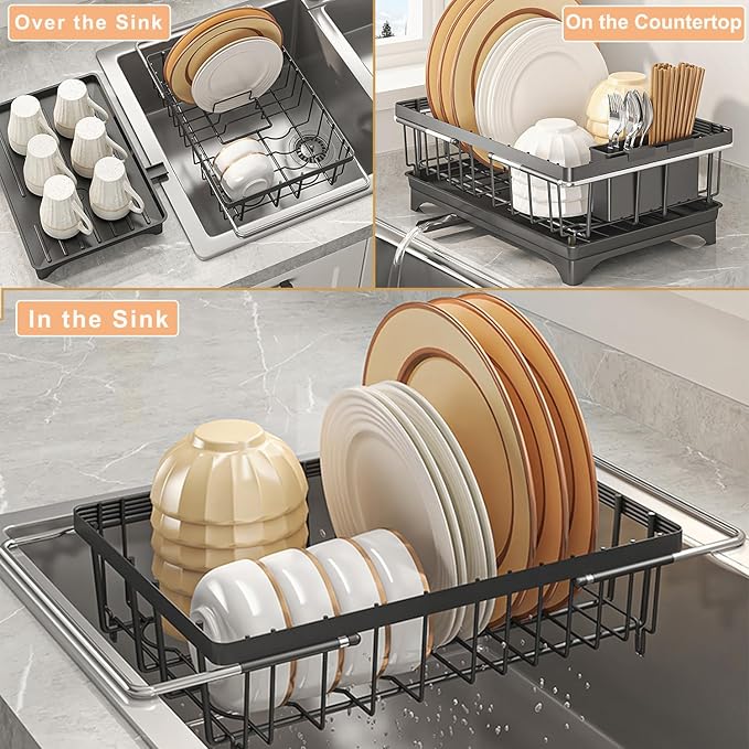 SOVGIZF Dish Drying Rack with Detachable Drainboard – Expandable Over Sink Dish Rack, Dish Dryer Rack for Inside Sink,Countertop Dish Drainer with Utensil Holder