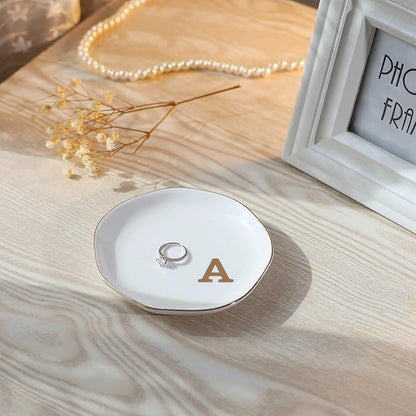 VINCOMIC Initials Ring Dish Jewery Tray with Personalized A-Monogrammed Gifts Wedding Engagement for Women Friends sister,Ceramic White