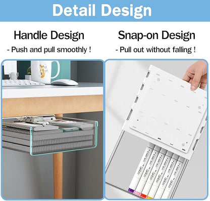 Large Under Desk Table Drawer Storage Organizer A4, Hidden Self-Adhesive Under Desk Pencil Tray Drawer for Office (Clear Black/L)