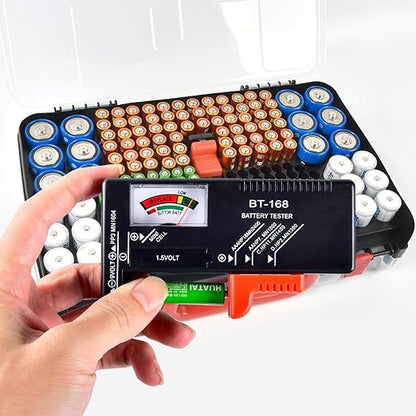 Double-Sided Battery Storage Organizer Case with BT-168 Tester, Holds 269, Fits AA AAA AAAA C D 9V 18650 CR123A CR2 23A 4LR44 and Coin Cells, Water-Resistant, Portable Handle - Black