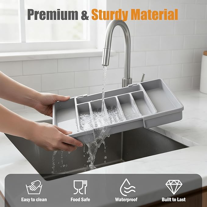 2 PCS Large Expandable Silverware Organizer for Drawer, Utensil Drawer Organizer Holder with 2 Removable Blocks, Adjustable Cutlery Tray Flatware Storage Box for Spoons Forks Knives Tools, 6-8 Slots