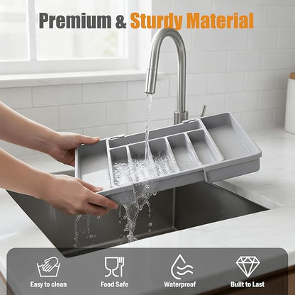 2 PCS Large Expandable Silverware Organizer for Drawer, Utensil Drawer Organizer Holder with 2 Removable Blocks, Adjustable Cutlery Tray Flatware Storage Box for Spoons Forks Knives Tools, 6-8 Slots
