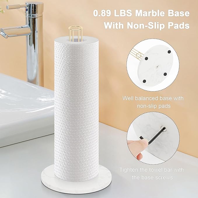 NearMoon Paper Towel Holder Countertop, Sturdy Kitchen Paper Towel Stand Dispenser-All Metal, Standard or Jumbo-Sized for Kitchen Countertop,Farmhouse, Living Room (Marble Base, Gold)