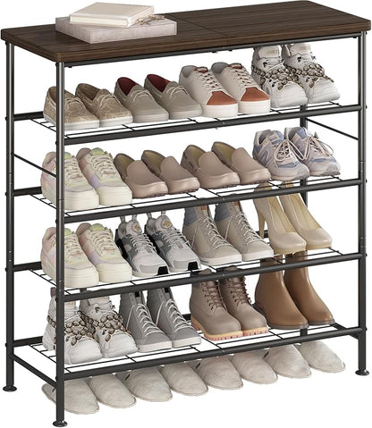 SUOERNUO Shoe Rack Organizer 5 Tier for Closet Entryway Free Standing Metal Storage Shoe Shelf with MDF Top Board，Black+Rustic Brown