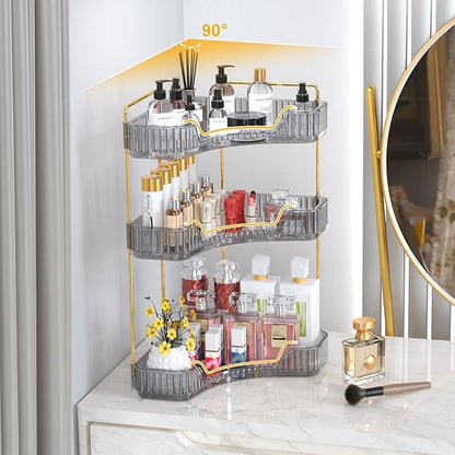 GTI 3-Tier Corner Bathroom Counter Organizer, Large Capacity Makeup Organizer Countertop, Perfume Cosmetics Skincare Vanity Organizers, Exquisite Countertop Storage for Women (Gray)