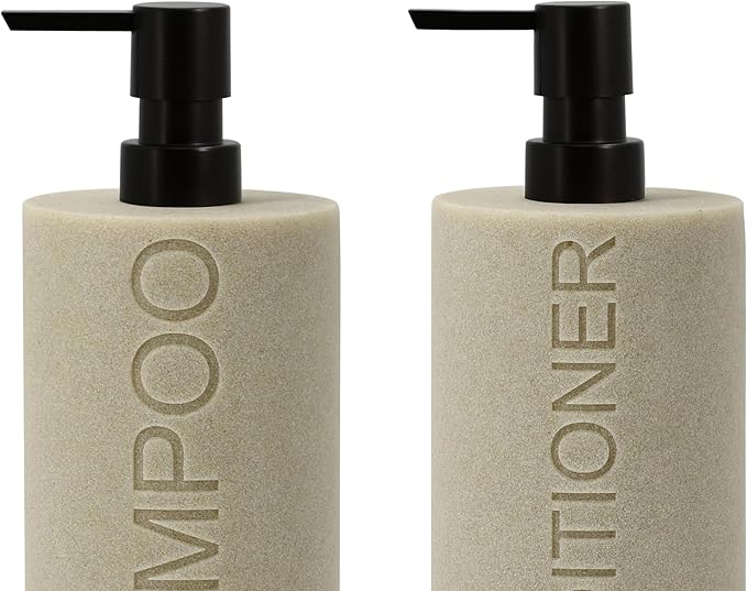 Indecor Home Resin 2 Pack Shampoo, Conditioner or Body Wash Dispenser Set, Luxurious Refillable Pump Bottles with Matte Pump Top and Embossed Text, Durable Design for Bathroom and Shower