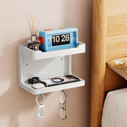 NiHome Large Wall Mounted Wooden Bedside Organizer, Double Storage Shelves & Magnetic Hooks, Solid Wood Bedside Shelf for Phone Glasses Remote Keys, Space-Saving Wall Rack for Bedroom RV Dorm (White)