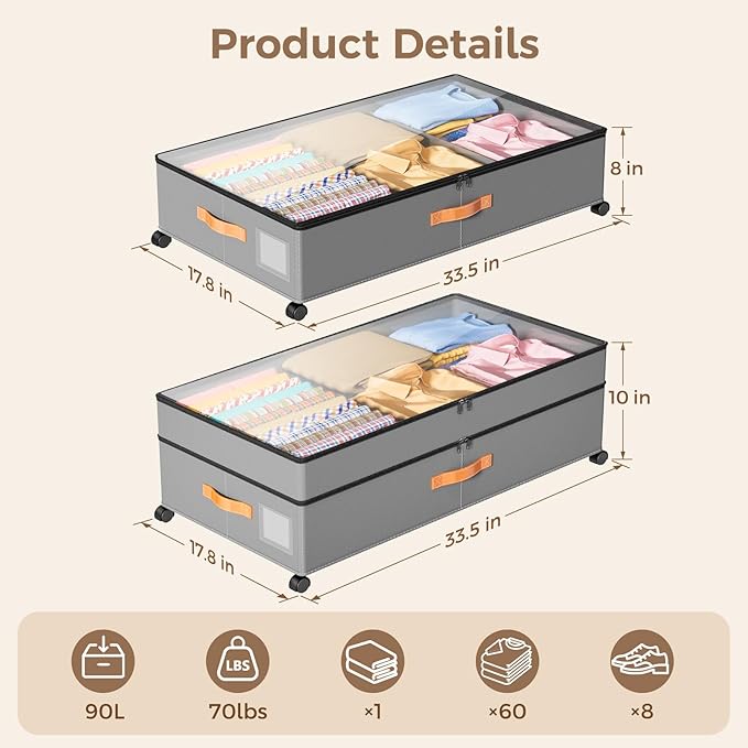 LYCDZT Under Bed Storage with Wheels, Large Capacity UnderBed Containers with Clear Lids, Shoe Organizer Under Bed Drawers, Rolling Under the Bed Storage for Clothes, Shoes, Blankets