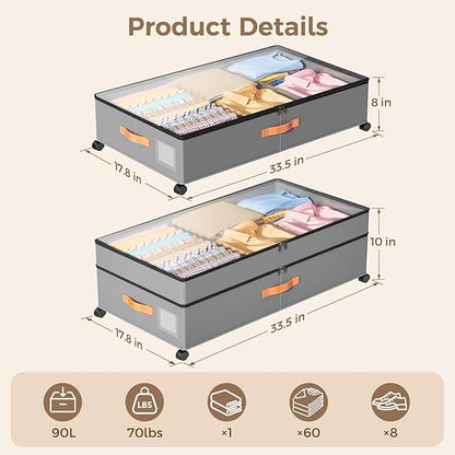 LYCDZT Under Bed Storage with Wheels, Large Capacity UnderBed Containers with Clear Lids, Shoe Organizer Under Bed Drawers, Rolling Under the Bed Storage for Clothes, Shoes, Blankets