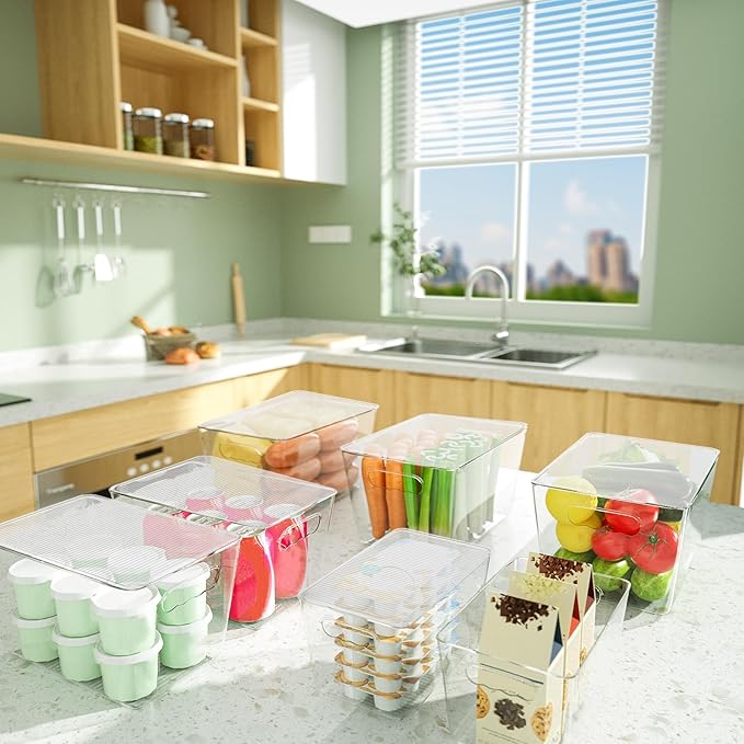 BALEINE Clear Stackable Storage Bins with Lids, Plastic Containers with Handle for Pantry Organizers and Storage, Plastic Bins for Fridge, Kitchen, Bathroom, Cabinet (10x6x5, 4PK)
