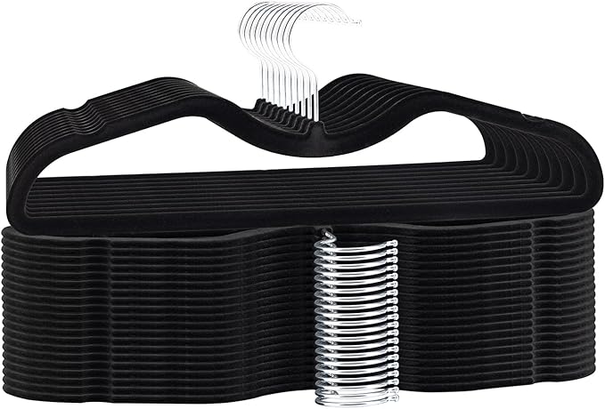 ZBODIMP Velvet Short Neck Hangers - Heavy-Duty, Non-Slip Felt Surface, Space-Saving Design with Anti-Slip Grooves & Shoulder Shape, 360° Rotating Hooks, Durable for Coats, Shirt& Dresses (30, Black A)