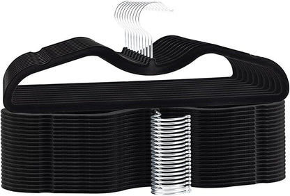 ZBODIMP Velvet Short Neck Hangers - Heavy-Duty, Non-Slip Felt Surface, Space-Saving Design with Anti-Slip Grooves & Shoulder Shape, 360° Rotating Hooks, Durable for Coats, Shirt& Dresses (30, Black A)