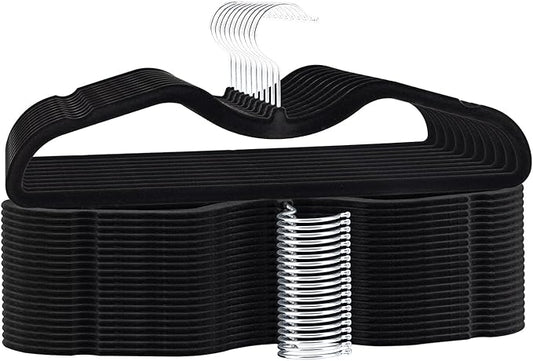 ZBODIMP Velvet Short Neck Hangers - Heavy-Duty, Non-Slip Felt Surface, Space-Saving Design with Anti-Slip Grooves & Shoulder Shape, 360° Rotating Hooks, Durable for Coats, Shirt& Dresses (30, Black A)
