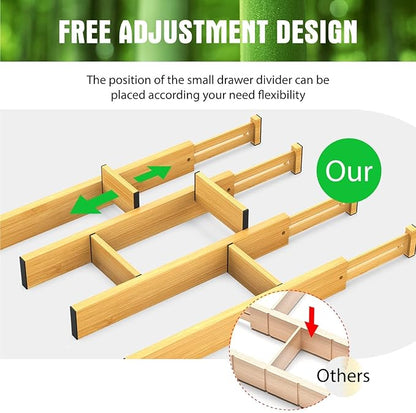 ANTOWIN Bamboo Drawer Dividers, Expandable Drawer Separators Splitter, 17-22 inches Adjustable Spring-loaded Organizer for Large Utensil, Clothes, Tools Drawers, 6 Pack Dividers + 4 Pack Baffle
