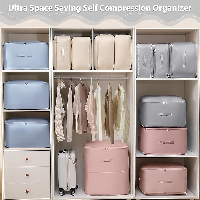 Ultra Space Saving Self Compression Organizer,Storage Bags,Heavy Duty Moving Bags,Storage Tote for Space Saving, Self Compression Moving Organizer Bags for Comforters,Clothes (Blue, XL (54*42*60CM)