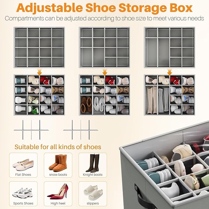 MIFXIN Shoes Storage Box Large Shoe Boot Organizer for Closet Fit 16 Pairs Shoes Space Saving Storage Bin Container with Clear Cover & Reinforced Handles (Grey)