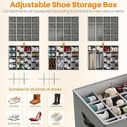 MIFXIN Shoes Storage Box Large Shoe Boot Organizer for Closet Fit 16 Pairs Shoes Space Saving Storage Bin Container with Clear Cover & Reinforced Handles (Grey)