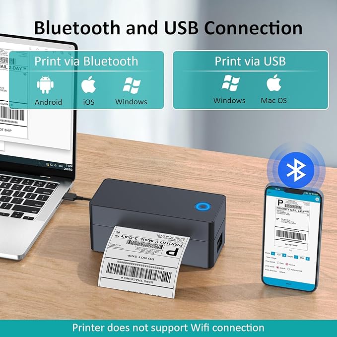 Shipping Label Printer, 4x6 Bluetooth Thermal Label Printer for Shipping Packages Small Business Mailing, Support iOS, Android, Mac, Windows, Chrome, Used for UPS, USPS, Ebay, Etsy, Amazon, Navy Blue
